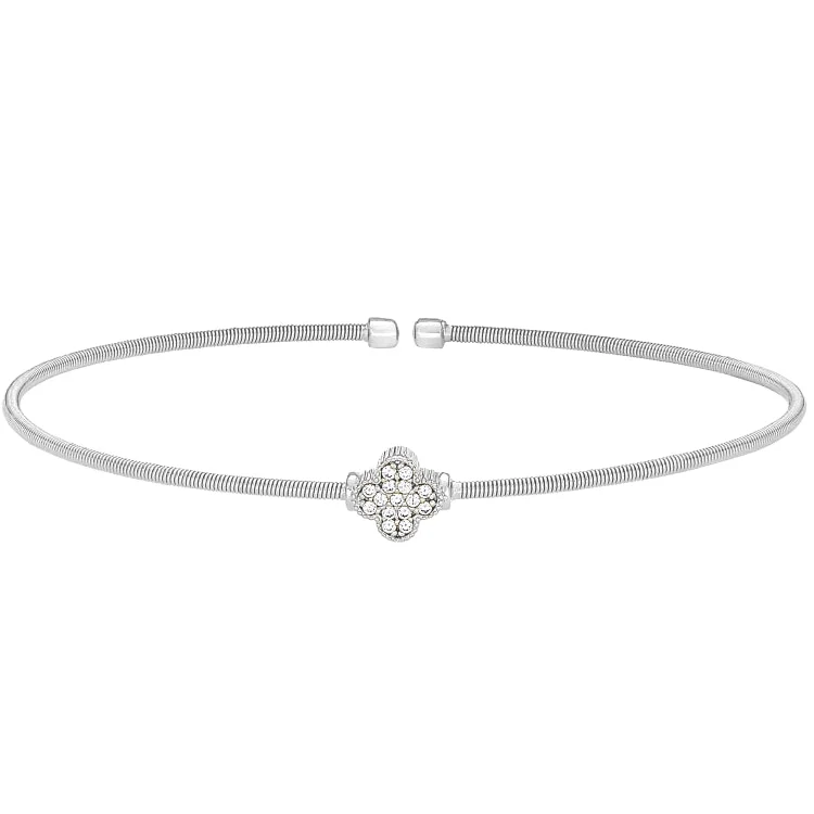 Wedding Bracelets-Rhodium Finish Sterling Silver Cable Cuff Bracelet with Simulated Diamond Clover Design