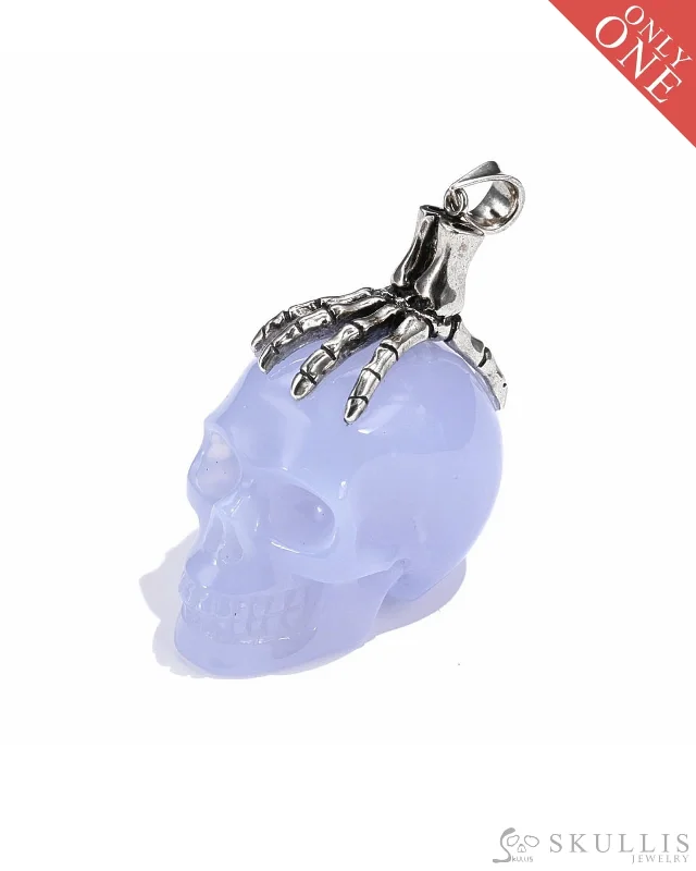 Customizable Sapphire Wedding Ring-Crystal Beaded Heart Necklace-Gem Skull Pendant Necklace of Blue Chalcedony Carved Skull with Skeleton Hand in 925 Sterling Silver - 0506518