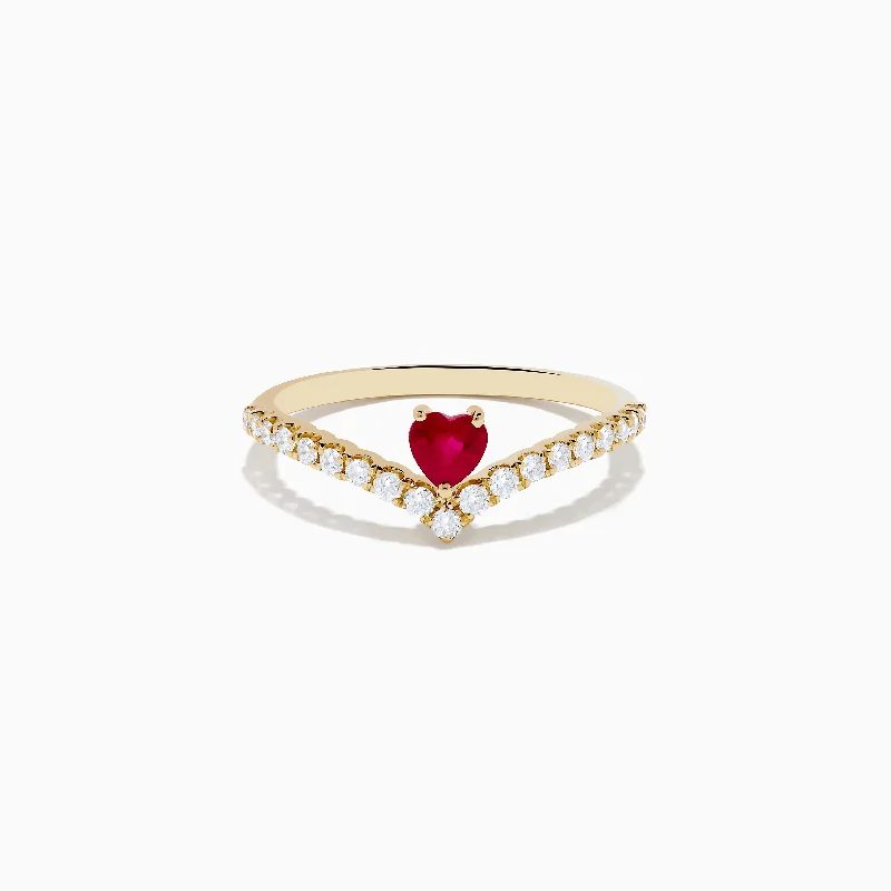 Custom Engagement Ring with Gemstones14K Yellow Gold Ruby Heart and Diamond Contoured Ring