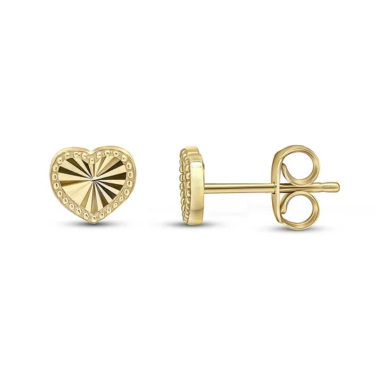 Oversized Crystal Earrings-9ct Yellow Gold Diamond Cut Beaded Edge Heart Stud Earrings 6.5mm