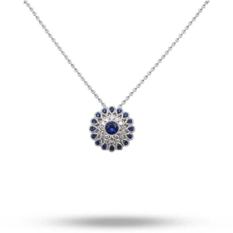 Personalized Platinum Wedding Ring-Birthstone Heart Necklace-18k White Gold Flower Diamond and Blue Sapphire Necklace