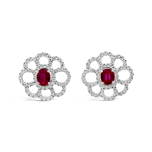 Rose Gold Earrings-Ruby & Diamond Flower Earrings