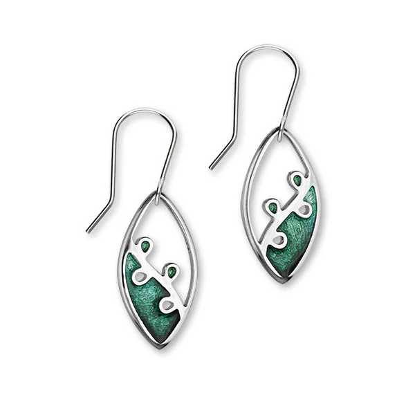 Ethnic Drop Earrings-Tranquility Sterling Silver & Green Enamel Oval Drop Earrings, EE292