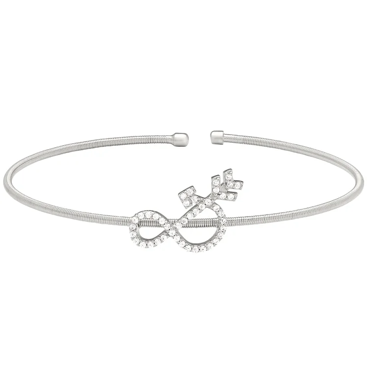 Trendy Charm Bracelets-Rhodium Finish Sterling Silver Cable Cuff Ampersand Bracelet with Simulated Diamonds