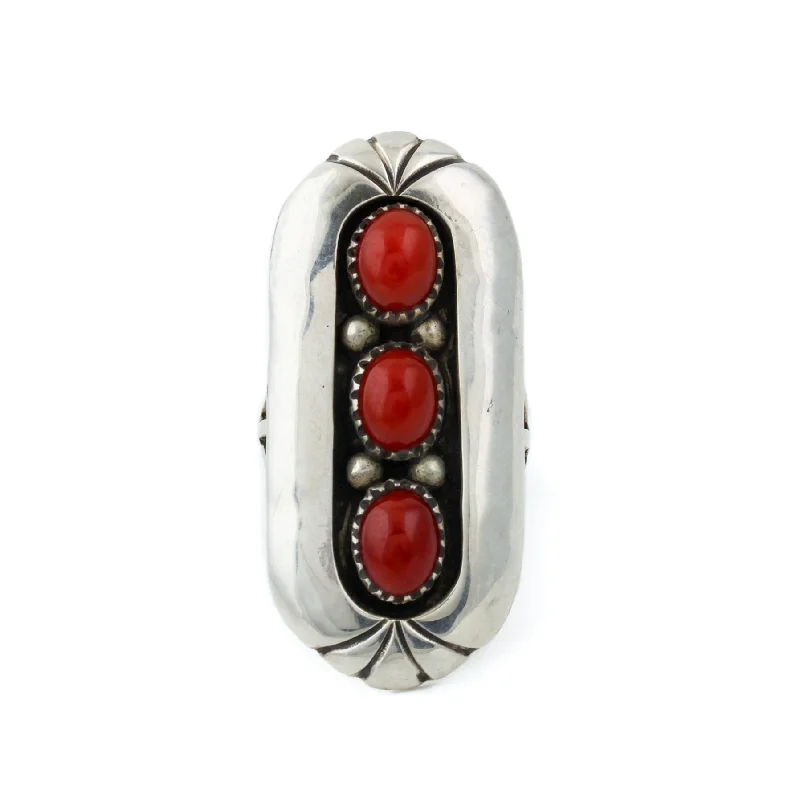 Men's Silver Wedding Ring with Custom MessageRed Coral Tri Stone Ring