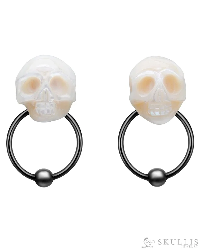 Simple Drop Earrings-Gem Skull Earrings of Pearl Carved Skull, Black-tone Sterling Silver