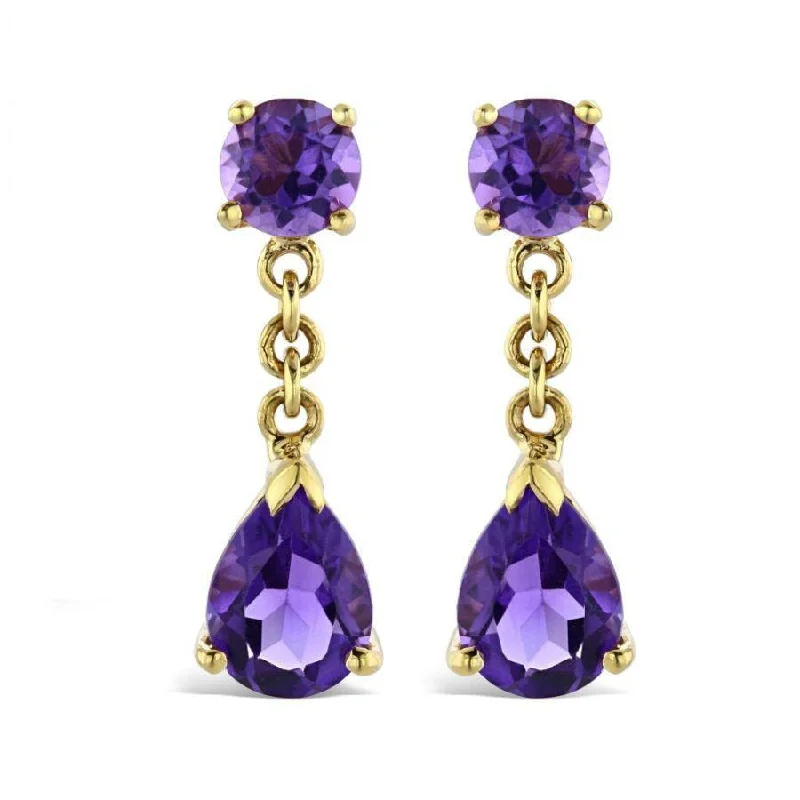 Gold Cluster Drop Earrings-18ct Yellow Gold Pear & Round Cut Amethyst Drop Earrings