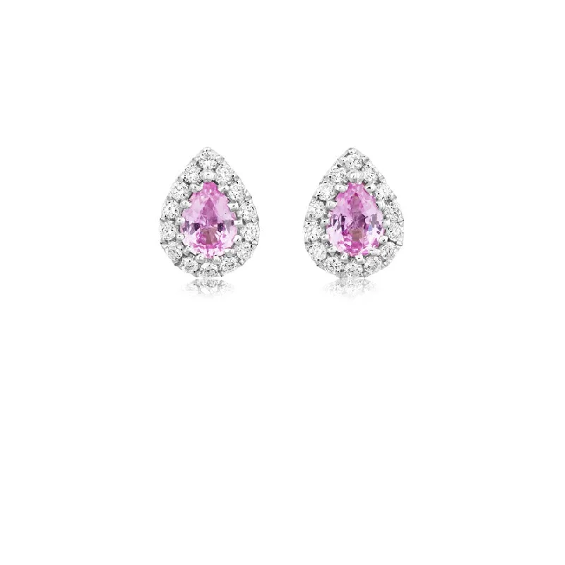 Luxury Pearl Earrings-18ct white gold pear shaped pink sapphire and diamond halo claw set stud earrings