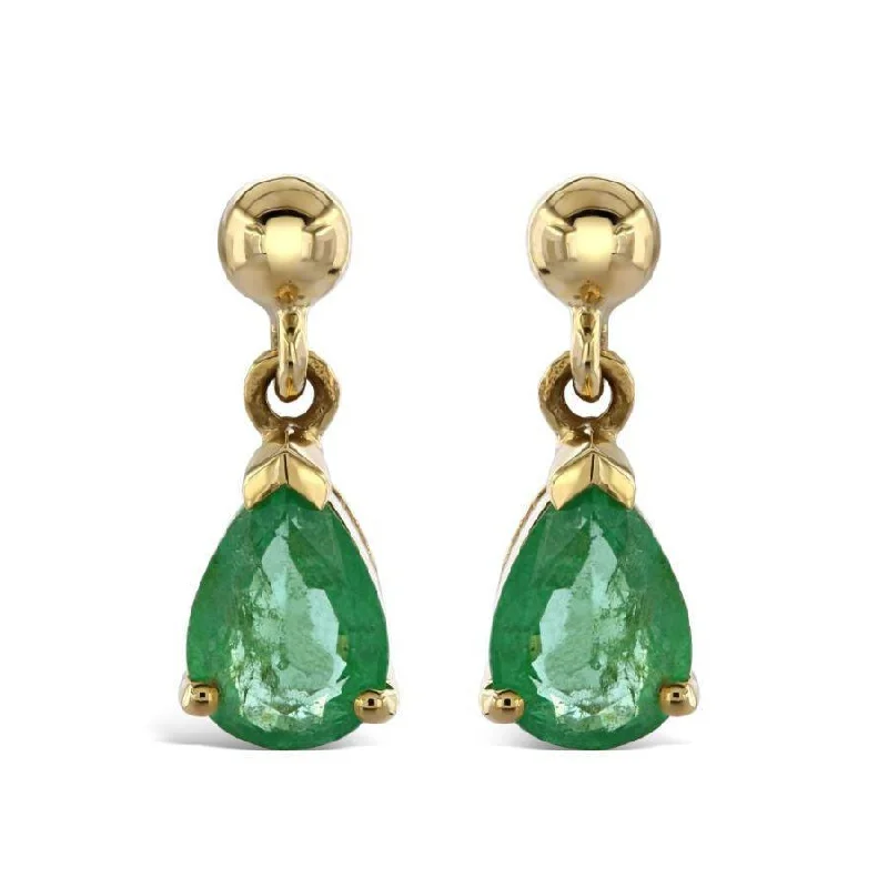 Modern Drop Stud Earrings-9ct Yellow Gold Pear Cut Emerald Drop Earrings