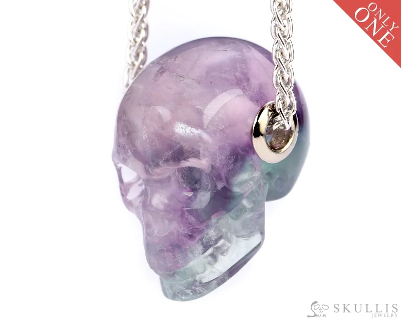 Classic Rose Gold Engagement Ring-Custom Stone Necklace-Skullis Signature Fluorite Gem Skull Pendant or Necklace, Hand Carved, Sterling Silver 925 Chain, for Women & Men - 9500021