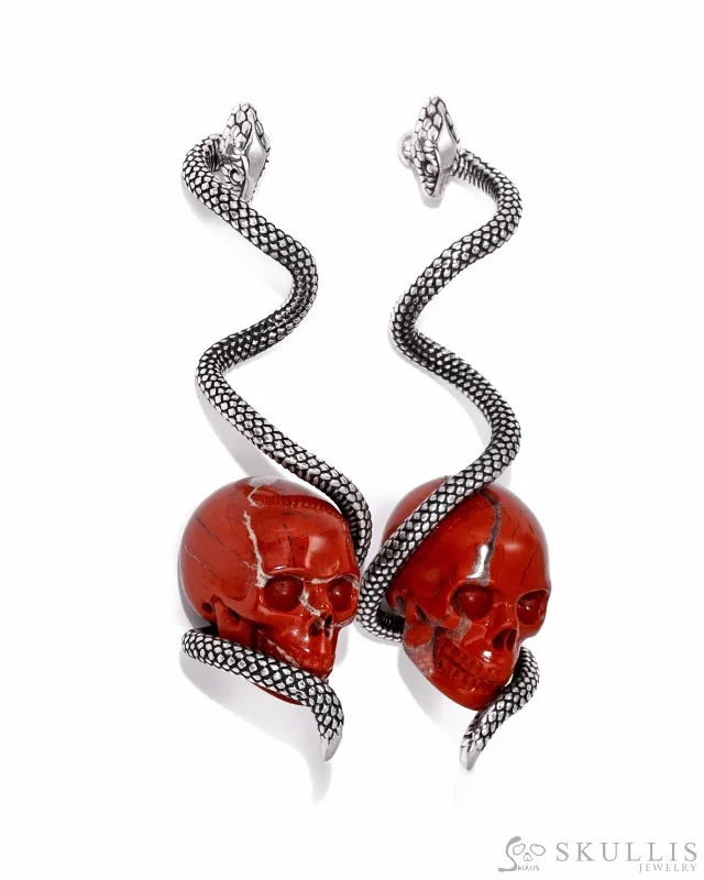 Double Hoop Drop Earrings-Gem Skull Earrings of Red Jasper Carved Skull with 925 Sterling Silver Snake