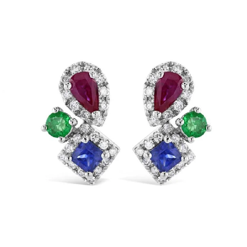 Bold Gold Earrings-18ct White Gold Sapphire, Ruby, Emerald & Diamond Stud Earrings