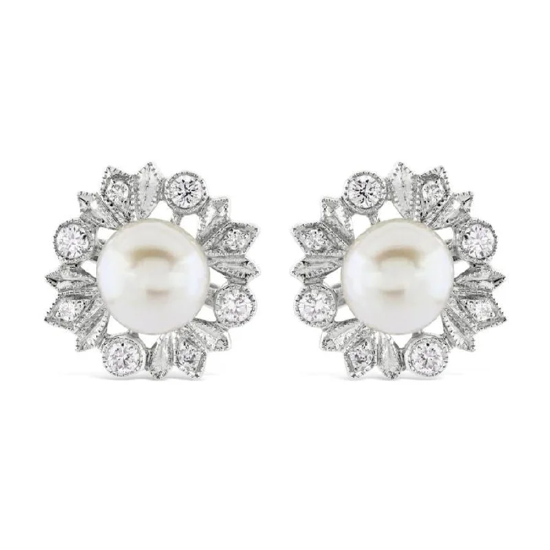 Modern Crystal Earrings-18ct White Gold Cultured Pearl & Diamond Round Stud Earrings