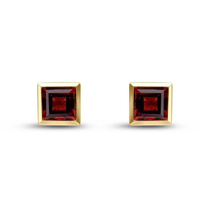 Sparkling Designer Earrings-9ct yellow gold square garnet stud earrings