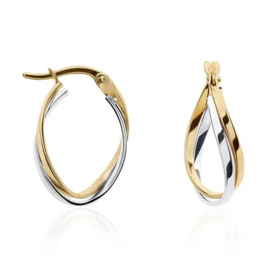 Double Layer Hoop Earrings-9ct two Tone White & Yellow Gold Two Row Oval Crossover Hoop Earrings 21x14mm