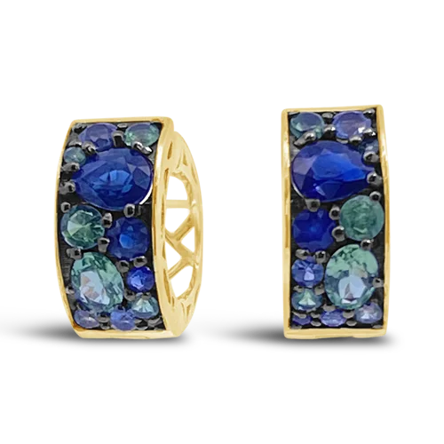 Gold Earrings for Men-Sapphire & Tsavorite Hoop Style Earrings