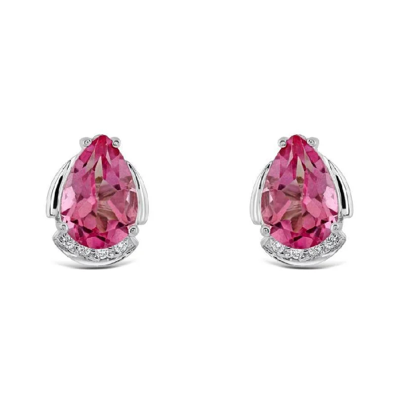 Vintage Dangle Earrings-18ct White Gold Pear Cut Pink Topaz & Diamond Stud Earrings