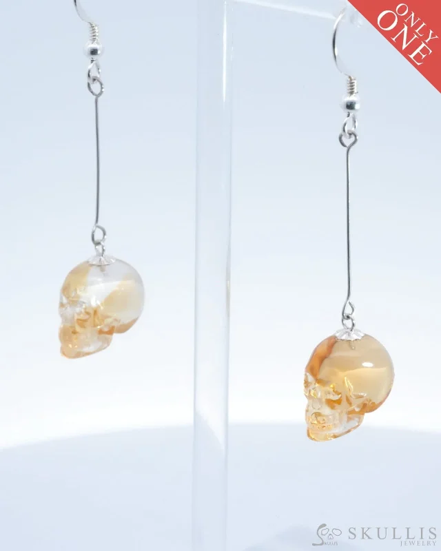 Sterling Gold Earrings-Gem Skull Earrings of Citrine Crystal Carved Skull - 0500024