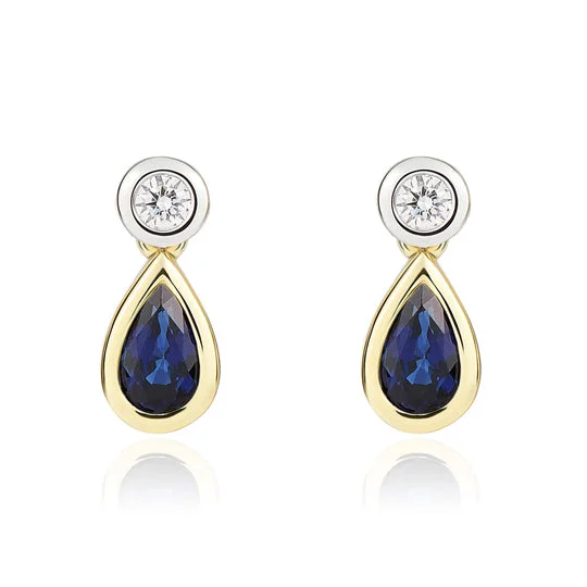 Chic Crystal Earrings-18ct Yellow & White Gold Pear Shaped Sapphire & Round Diamond Two Stone Earrings 5x3mm