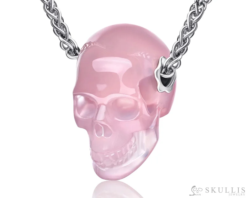 Pearl Wedding Ring-Classic Crystal Necklace-Skullis Signature Rose Quartz Gem Skull Pendant or Necklace, Hand Carved, Sterling Silver 925 Chain, for Women & Men