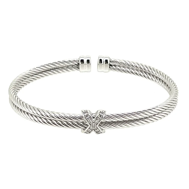 Leather Bracelets With Silver Charms-Rhodium Finish Sterling Silver Twisted Double Cable Cuff  Bracelet With a Rhodium Finish X with Simulated Diamonds