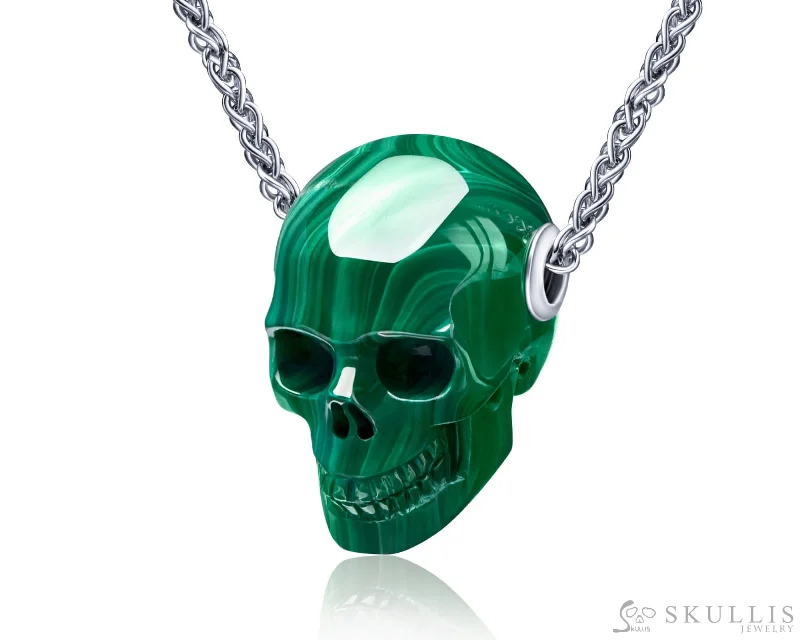 Luxury Wedding Ring for Him-Custom Pendant Necklace Set for Women-Skullis Signature Malachite Gem Skull Pendant or Necklace, Hand Carved, Sterling Silver 925 Chain, for Women & Men