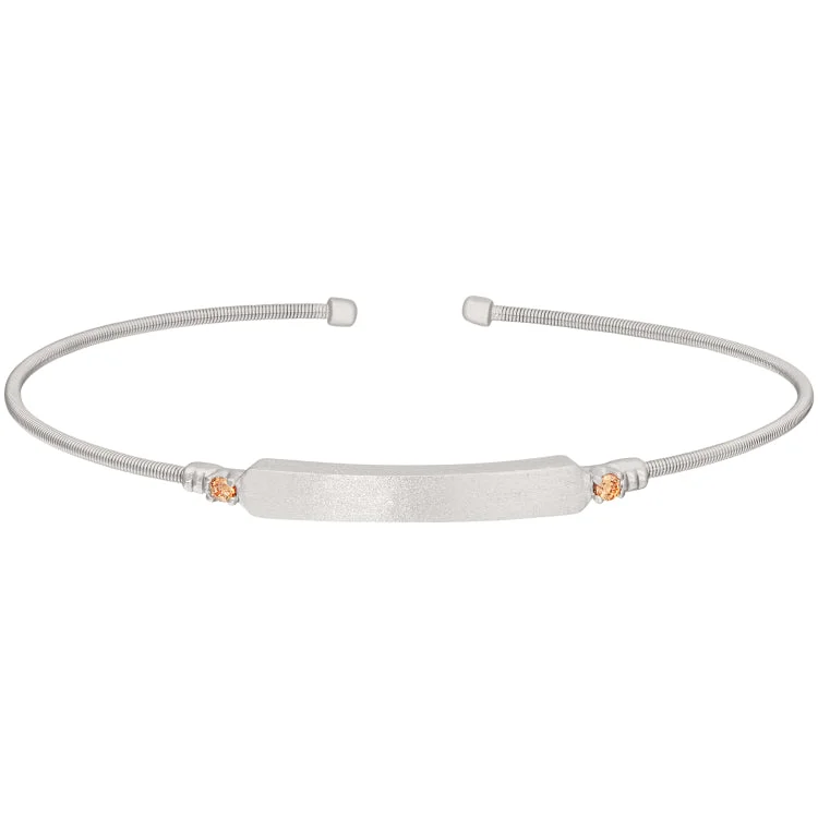 Adjustable Silver Bracelets-RhodiumFinish Sterling Silver Cable Cuff Bracelet with Name Plate and Simulated Citrine Birth Gems - November