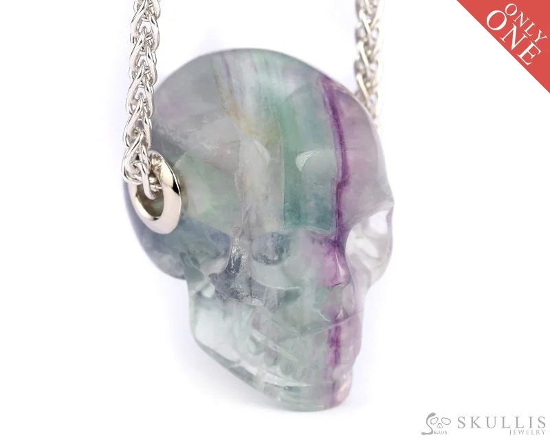 Simple Gold Band for Wedding-Retro Pendant Necklace-Skullis Signature Fluorite Gem Skull Pendant or Necklace, Hand Carved, Sterling Silver 925 Chain, for Women & Men - 9500022