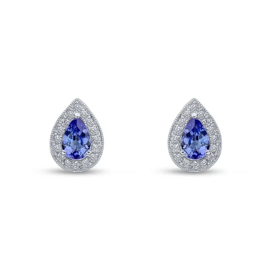 Chic Drop Hoop Earrings-18ct White Gold Pear Shaped Tanzanite & Round Diamond Millegrain Cluster Stud Earrings