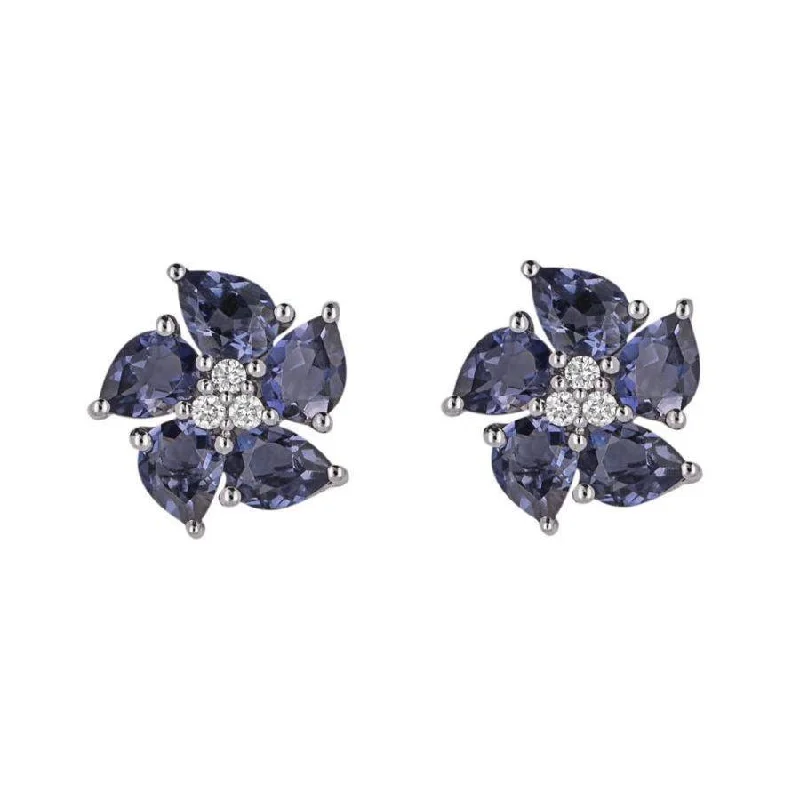 Layered Silver Earrings-9ct White Gold Iolite & Diamond Peony Stud Earrings