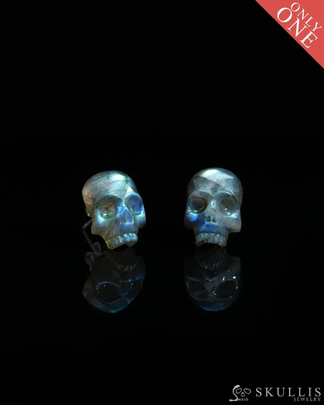 All-Metal Earrings-Flash Gem Skull Earrings of Labradorite Carved Skull, 925 Sterling Silver  - 9800137