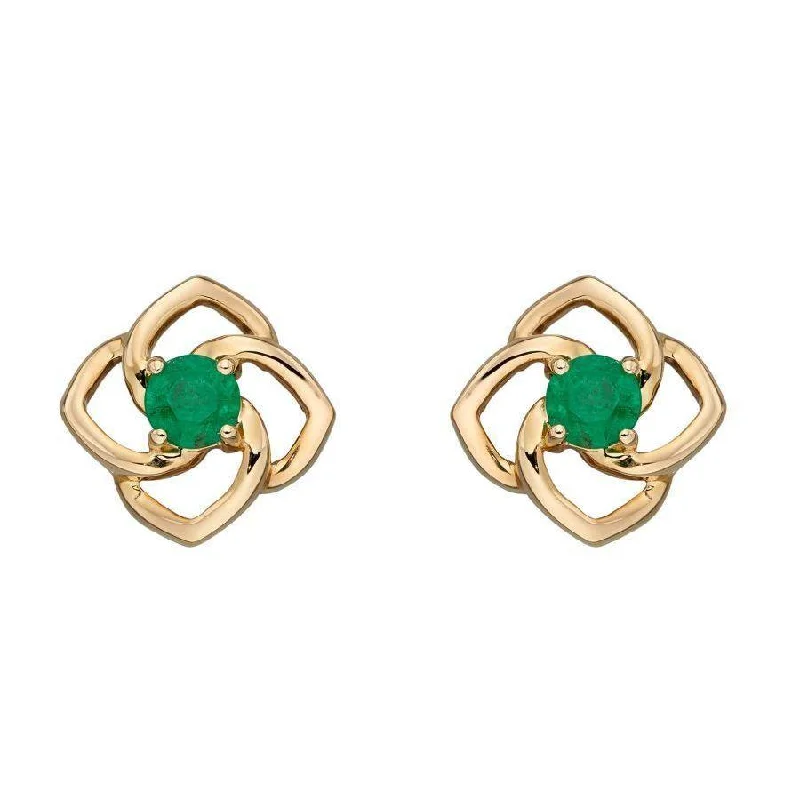 Large Hoop Drop Earrings-9ct Yellow Gold Round Cut Emerald Flower Stud Earrings