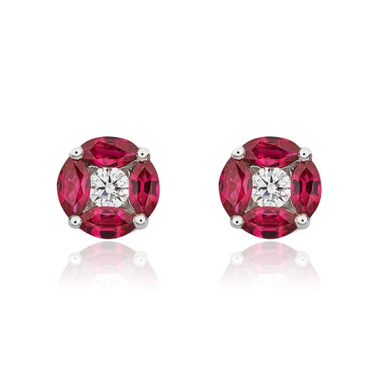 Handmade Crystal Earrings-18ct White Gold Marquise Ruby & Diamond Round Cluster Earrings