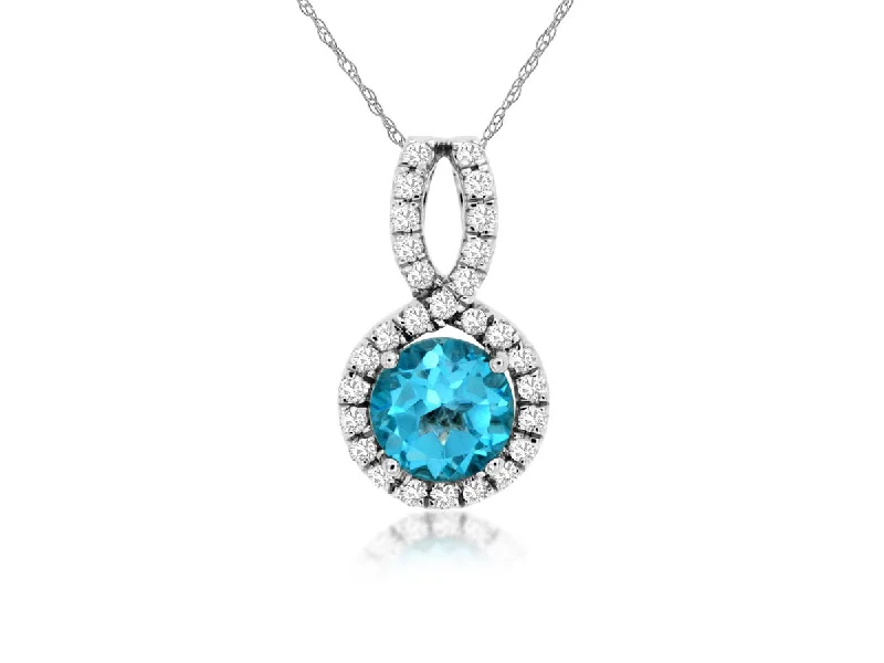 Engagement Ring for Women-Diamond Necklace-14K White Gold Round Blue Topaz Diamond Halo Pendant Necklace