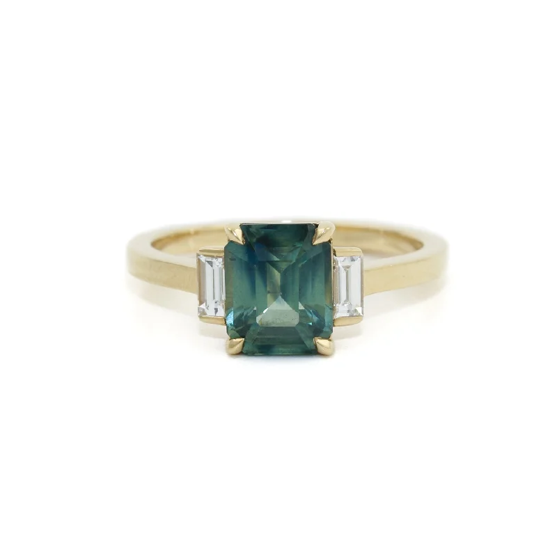 Personalized Wedding Ring for Him14k Gold x Teal Madagascan Sapphire & Baguette Diamond Ring