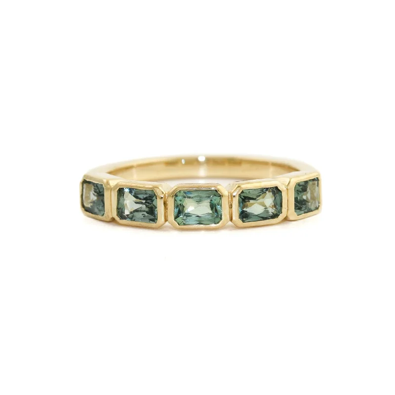 Unique Promise Ring for Couples14K Gold Emerald-Cut Teal Sapphire Bezel-Set Band