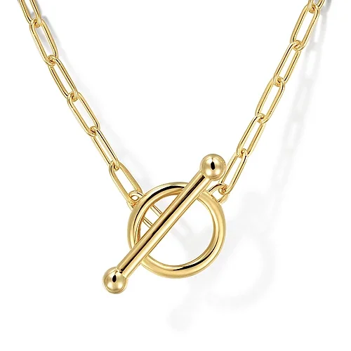 Simple Silver Band Ring-Pendant Necklace-14K Yellow Gold Hollow Paperclip Chain Toggle Necklace