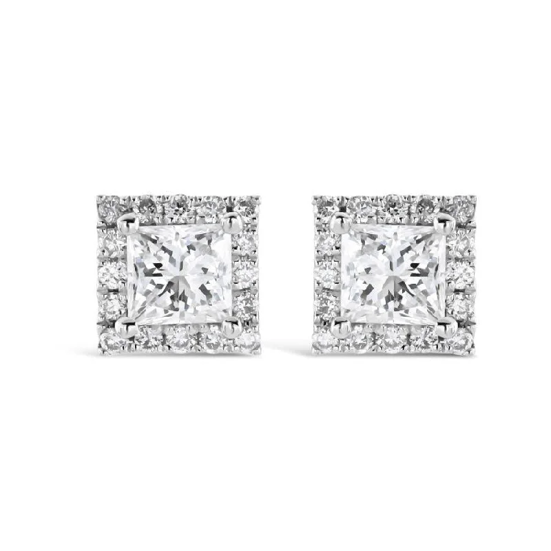 Gold Stud Hoop Earrings-18ct White Gold Princess Cut Diamond Halo Cluster Stud Earrings