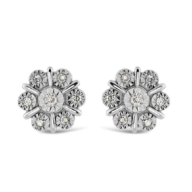 Boho Gold Earrings-9ct White Gold Illusion Set Diamond Flower Cluster Stud Earrings