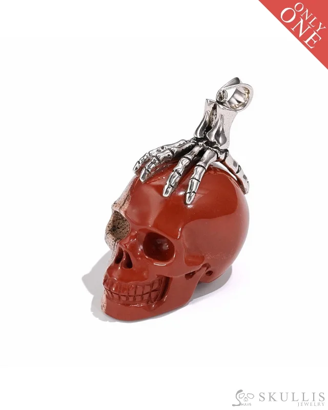 Men's Promise Ring with Engraving-Beaded Pendant Necklace for Women-Gem Skull Pendant Necklace of Red Jasper Carved Skull with Skeleton Hand in 925 Sterling Silver -0506515