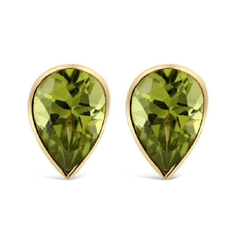 Big Designer Drop Earrings-9ct Yellow Gold Pear-Shaped Rubover Set Peridot Stud Earrings