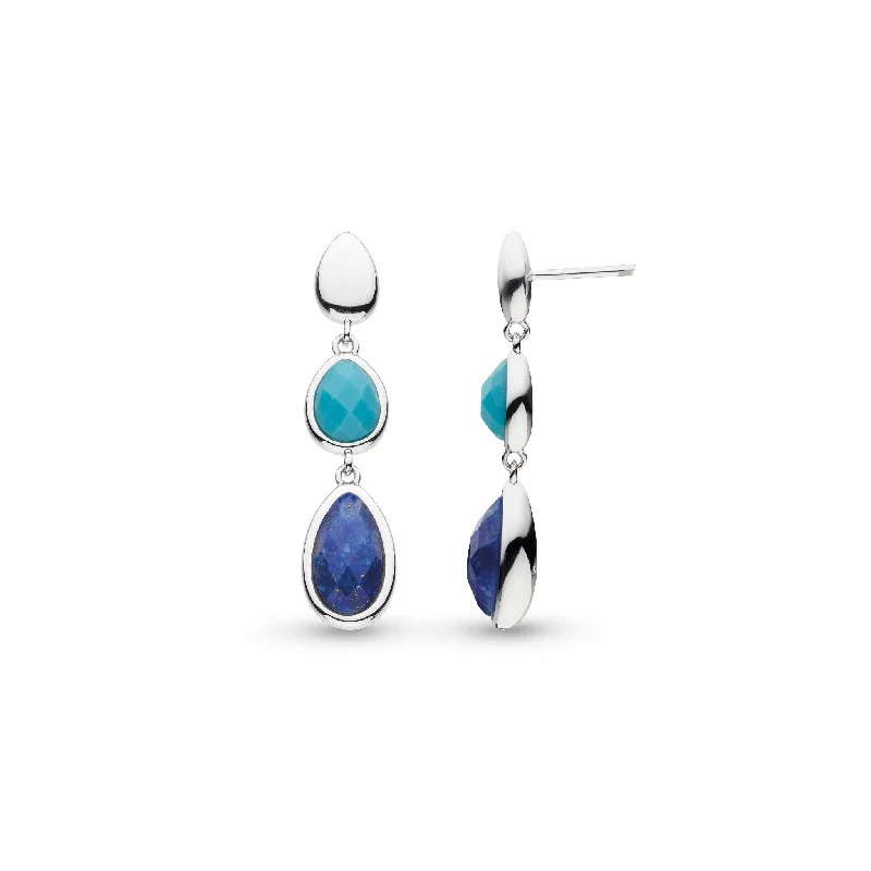 Chic Crystal Earrings-Silver Coast Pebble Azure Lapis Lazuli & Magnesite Trio Droplet Drop Earrings