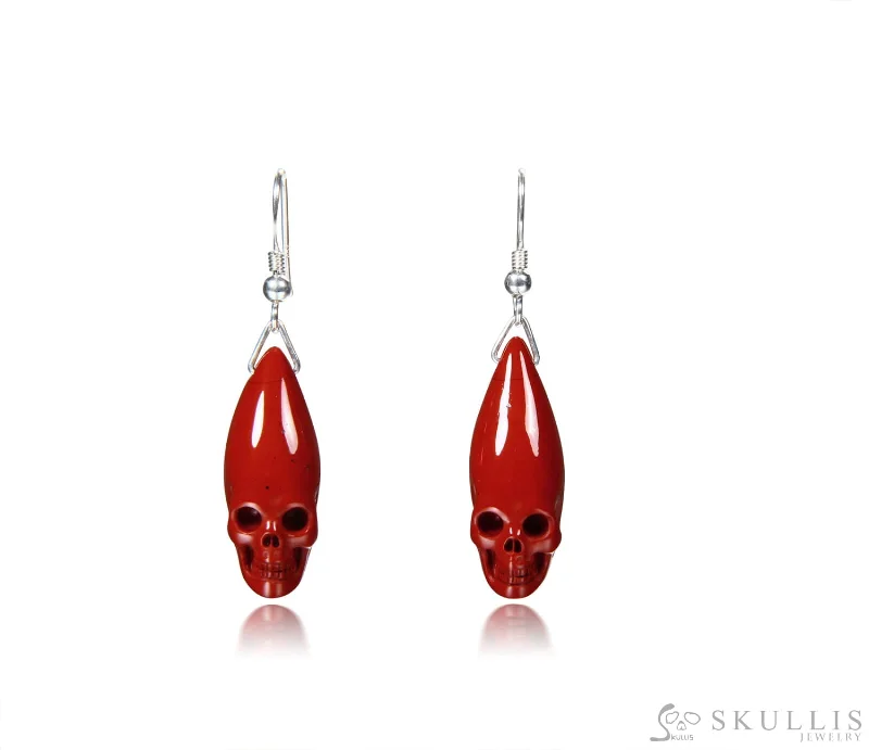 Double Drop Stud Earrings-Gem Skull  Earrings of Red Jasper Carved Skulls, 925 Sterling Silver