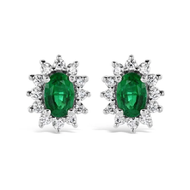 Sparkling Diamond Hoop Earrings-18ct White Gold Oval Cut Emerald & Diamond Cluster Stud Earrings