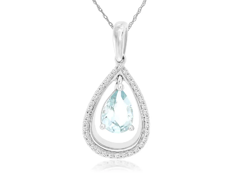 Custom Birthstone Ring-Silver Necklace-14K White Gold Pear Shape Aquamarine with Pear Halo Dangle Pendant Necklace