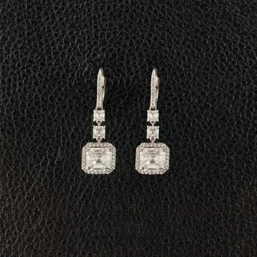 Silver Gemstone Drop Earrings-Asscher cut Diamond Estate Dangle Earrings