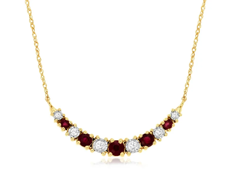 Gold Cross Ring-Bridal Necklace-14K Yellow Gold Round Diamond and Ruby Curved Bar Necklace