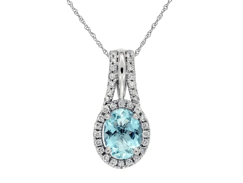 Personalized Band for Couples-Trendy Crystal Pendant Necklace Set-14K White Gold Oval Aquamarine and Diamond Halo Pendant Necklace