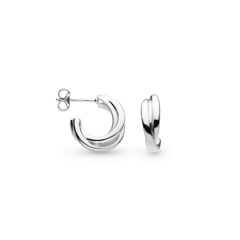 Designer Earrings for Women-Silver Bevel Trilogy Semi Hoop Earrings