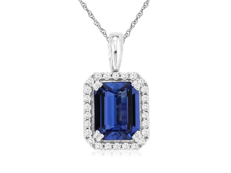 Designer Engagement Ring with Diamond Accent-Custom Long Necklace Set-14K White Gold Emerald Cut Tanzanite Diamond Halo Pendant Necklace